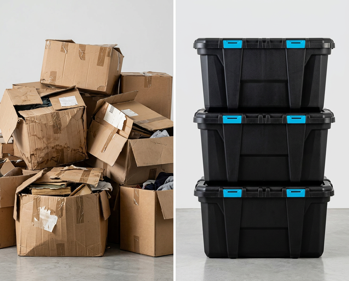 A messy pile of cardboard boxes beside neatly stacked reusable moving boxes