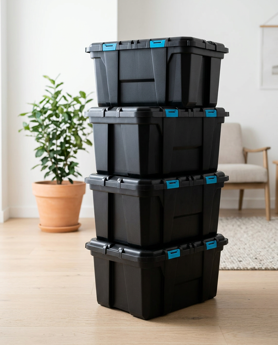 Neatly stacked reusable moving boxes in a stylish modern home